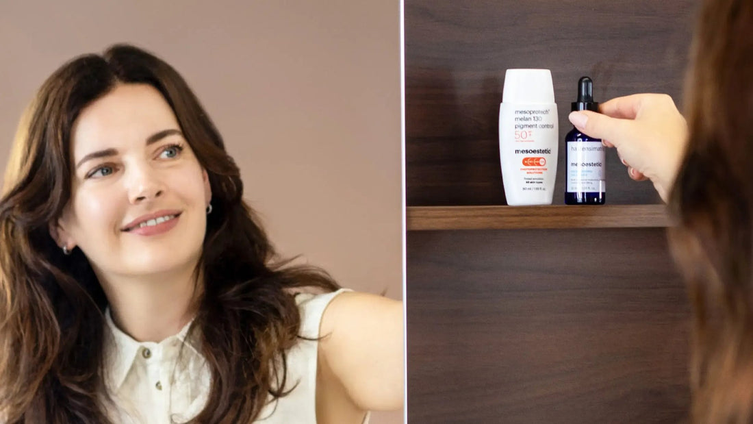 Glimlachende vrouw met donker haar naast een plank met mesoestetic melan 130 pigment control SPF50+ en een druppelflesje ha densimatrix