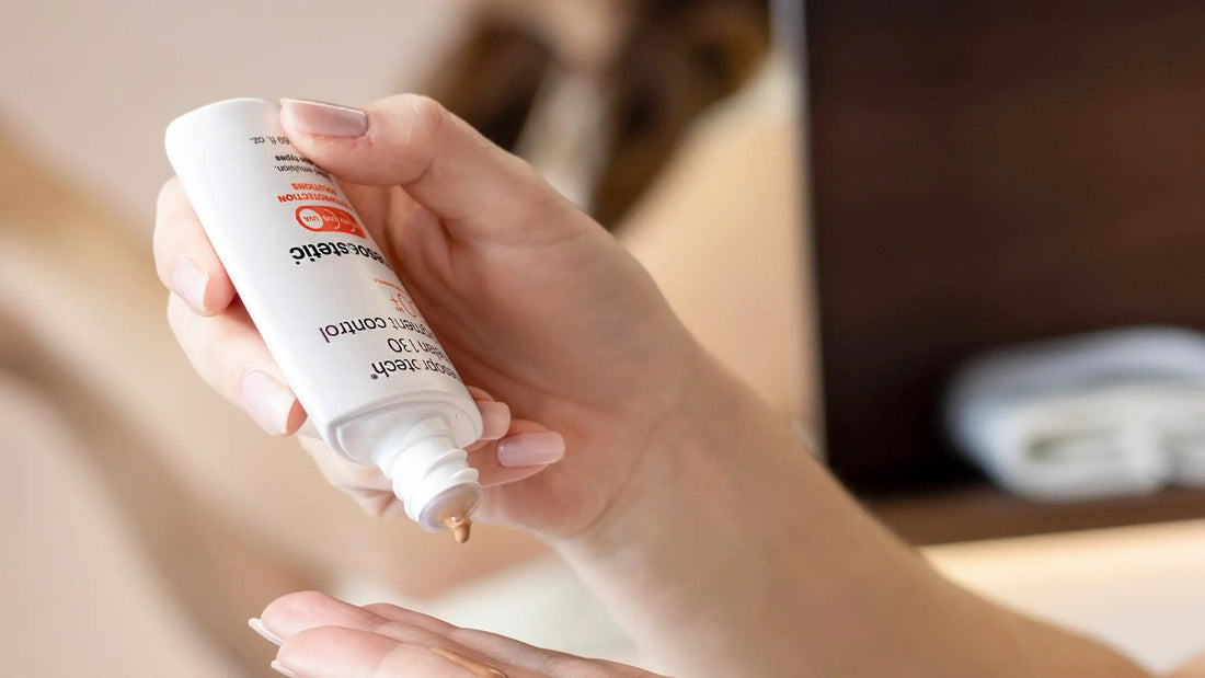 Hand knijpt een minerale zonnebrandcrème met SPF 50+ uit de tube in de handpalm