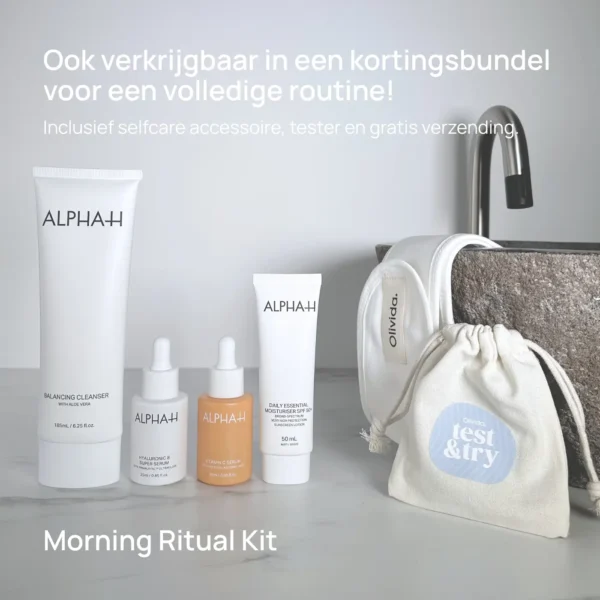 ALPHA-H Morning Ritual Kit Producten Balancing Cleanser Hyaluronic8 Vitamin C SPF50 Olivida Copyright Korting