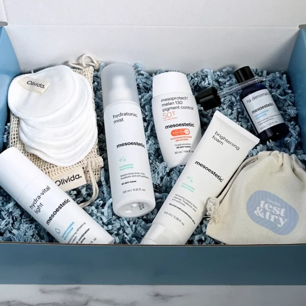 Mesoestetic HydraGlow Protection Bundle Brightening Foam Hydratonic Mist HA Densimatrix Hydra Vital Light Melan130 SPF50 Olivida Doos